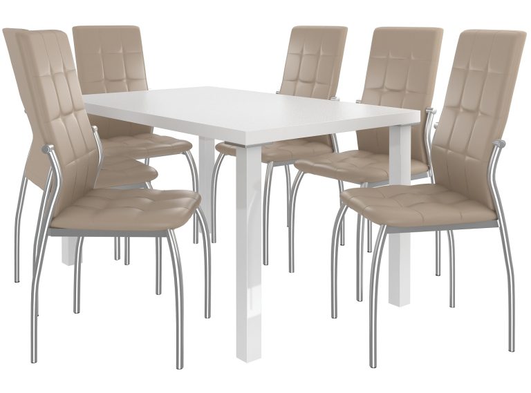 Ensemble LORENO blanc + 6 chaises beige LOR/0/ZES/W/6BŻ