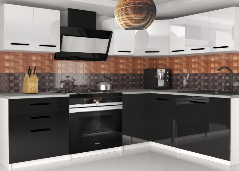 Meubles de cuisine 300 cm blanc brillant noir brillant avec plan de travail Fabricant INF ARMIN2/3/WT/WB/0/B1