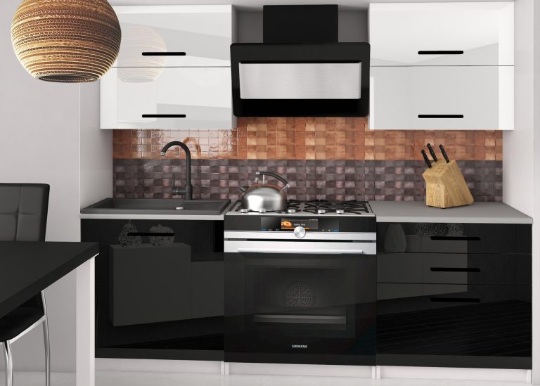 Meubles de cuisine 120 cm blanc brillant noir brillant avec plan de travail Fabricant INF ELEGANTA2/2/WT/WB/0/B1