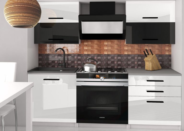 Meubles de cuisine 120 cm blanc brillant noir brillant avec plan de travail Fabricant INF ELEGANTA2/2/WT/WBW/0/B1