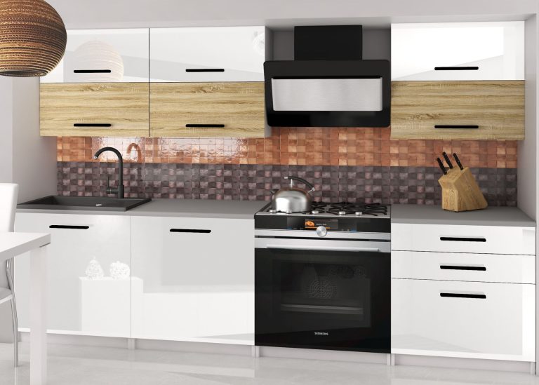 Meubles de cuisine 180 cm blanc brillant chêne chêne wotan chêne sonoma avec plan de travail Fabricant INF PRIMERA2/2/WT/WDSW/0/B1