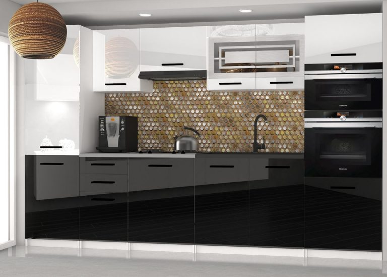 Meubles de cuisine 300 cm blanc brillant noir brillant avec plan de travail Fabricant INF SYNTKA2/5/WT/WB/0/B1