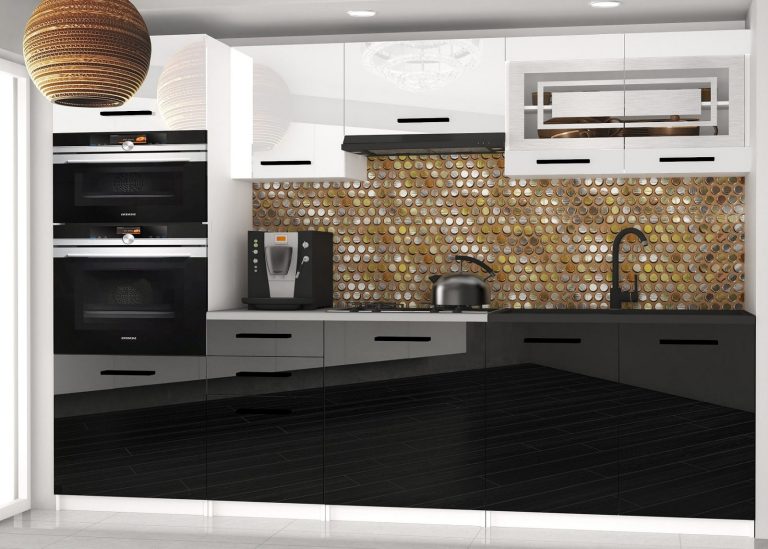 Meubles de cuisine 240 cm blanc brillant noir brillant avec plan de travail Fabricant INF PAULA2/4/WT/WB/0/B1