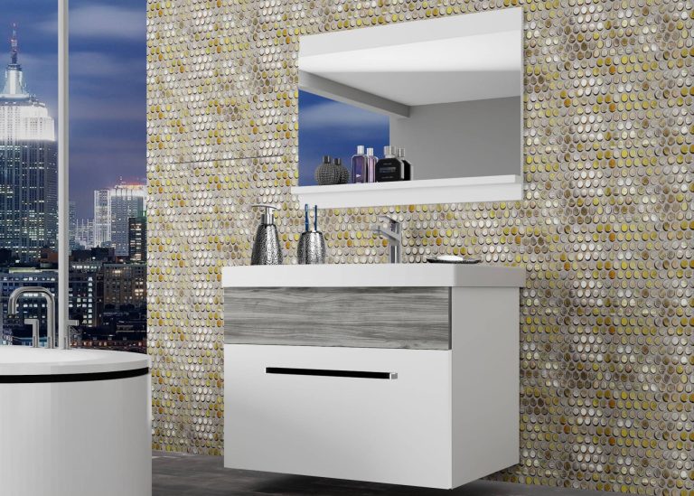 Meuble de salle de bain Belini blanc mat / gris anthracite Glamour Wood + lavabo + miroir Fabricant ROD M 1/0/W/WGW1/0/ZW