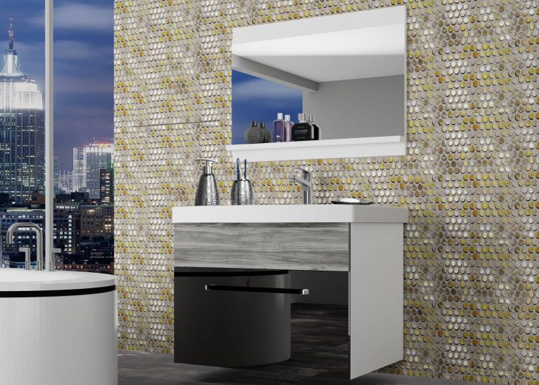 Meuble de salle de bain Belini noir brillant / gris anthracite Glamour Wood + lavabo + miroir Fabricant ROD PM 1/0/W/BGW1/0/ZW