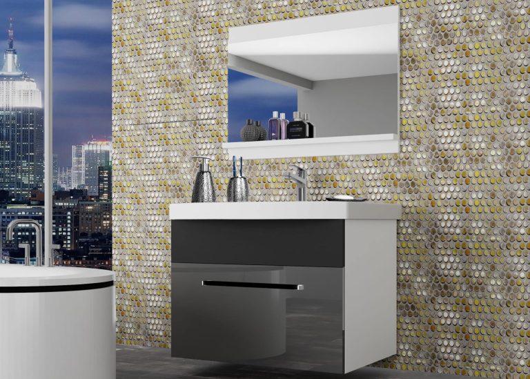Meuble de salle de bain Belini gris brillant / noir mat + lavabo + miroir Fabricant ROD PM 1/0/W/SB/0/ZW
