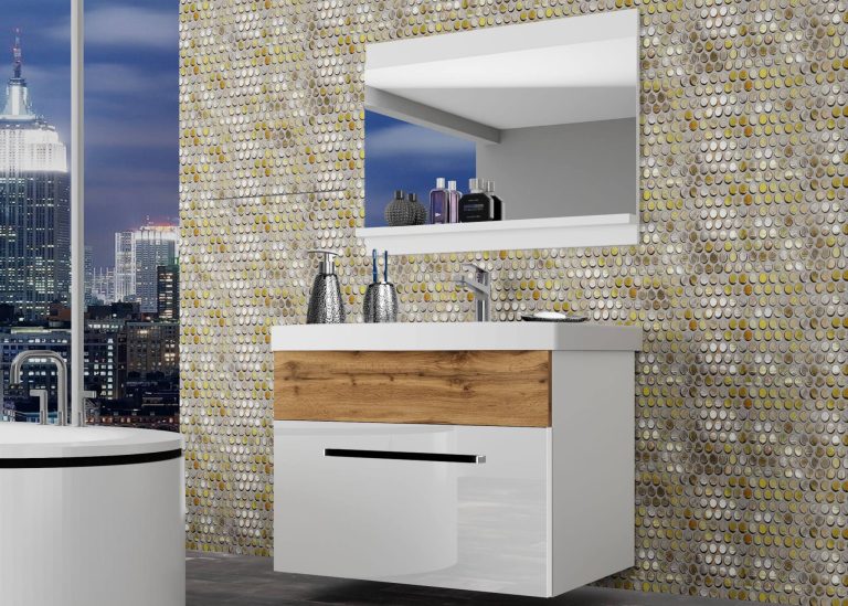 Meuble de salle de bain Belini blanc brillant / chêne wotan + lavabo + miroir Fabricant ROD PM 1/0/W/WDW/0/ZW
