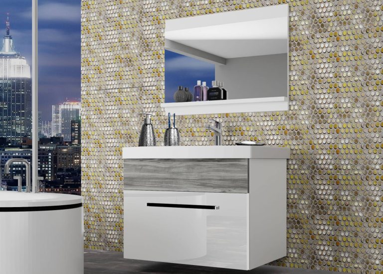 Meuble de salle de bain Belini blanc brillant / gris anthracite Glamour Wood + lavabo + miroir Fabricant ROD PM 1/0/W/WGW1/0/ZW
