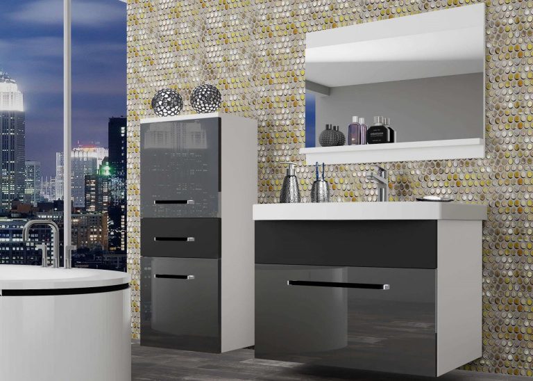 Meuble de salle de bain Belini gris brillant / noir mat + lavabo + miroir Fabricant ROD PM 2/0/W/SB/0/ZW