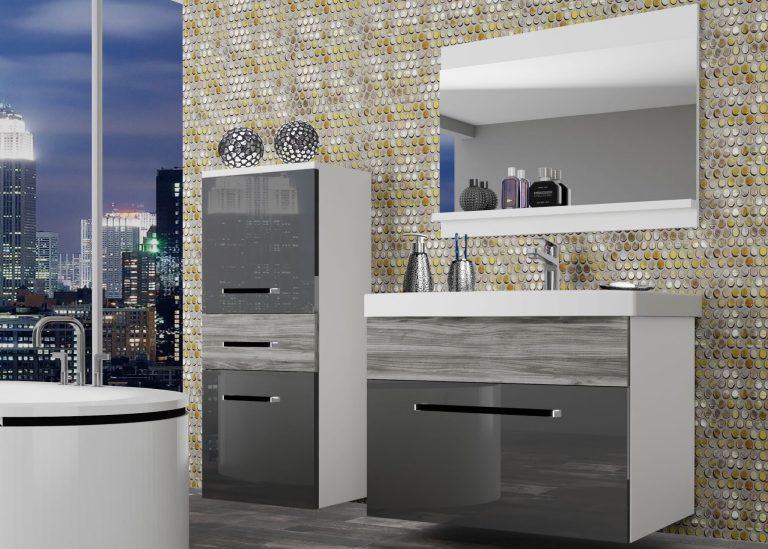 Meuble de salle de bain Belini gris brillant / gris anthracite Glamour Wood + lavabo + miroir Fabricant ROD PM 2/0/W/SGW1/0/ZW