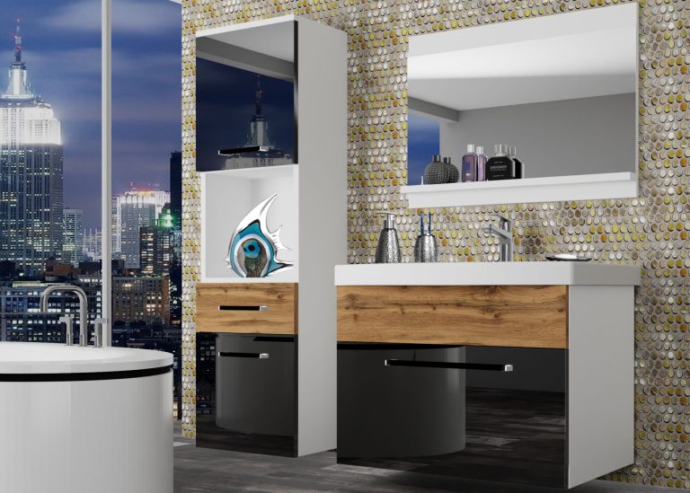 Meuble de salle de bain Belini noir brillant / chêne wotan + lavabo + miroir Fabricant ROD PM 3/0/W/BDW/0/ZW