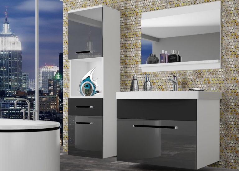 Meuble de salle de bain Belini gris brillant / noir mat + lavabo + miroir Fabricant ROD PM 3/0/W/SB/0/ZW