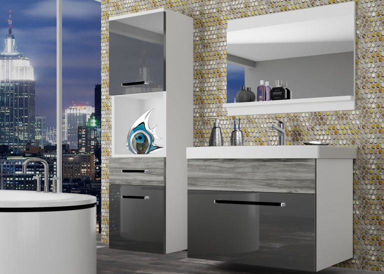 Meuble de salle de bain Belini gris brillant / gris anthracite Glamour Wood + lavabo + miroir Fabricant ROD PM 3/0/W/SGW1/0/ZW