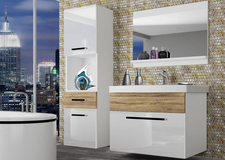 Meuble de salle de bain Belini blanc brillant / chêne sonoma + lavabo + miroir Fabricant ROD PM 3/0/W/WDS/0/ZW