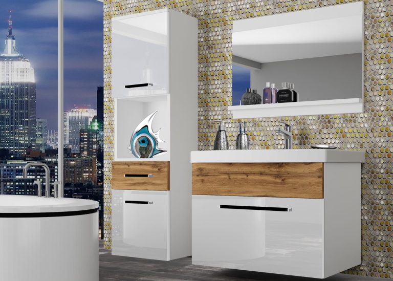 Meuble de salle de bain Belini blanc brillant / chêne wotan + lavabo + miroir Fabricant ROD PM 3/0/W/WDW/0/ZW