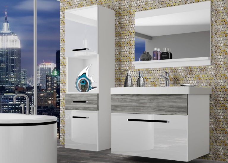 Meuble de salle de bain Belini blanc brillant / gris anthracite Glamour Wood + lavabo + miroir Fabricant ROD PM 3/0/W/WGW1/0/ZW