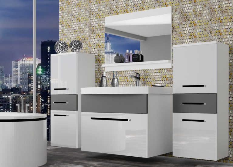 Meuble de salle de bain Belini blanc brillant / gris mat + lavabo + miroir Fabricant ROD PM 4/0/W/WSR/0/ZW