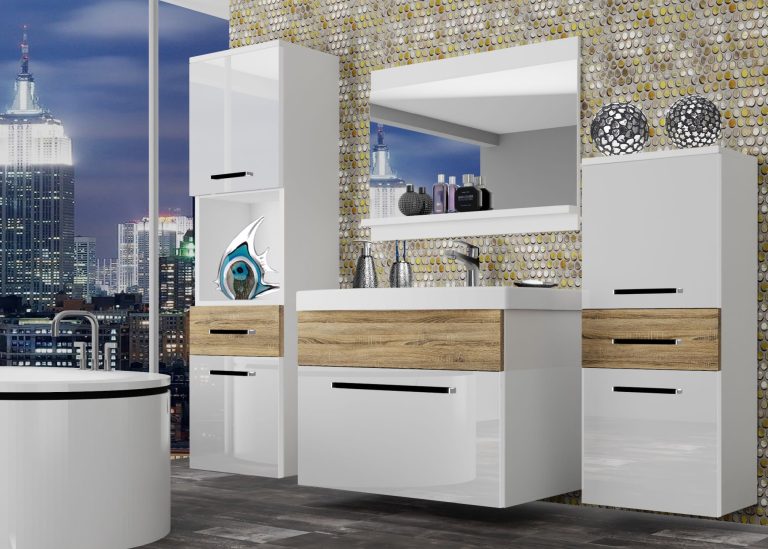 Meuble de salle de bain Belini blanc brillant / chêne sonoma + lavabo + miroir Fabricant ROD PM 5/0/W/WDS/0/ZW