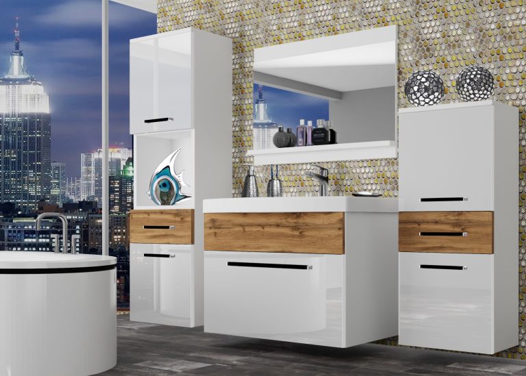 Meuble de salle de bain Belini blanc brillant / chêne wotan + lavabo + miroir Fabricant ROD PM 5/0/W/WDW/0/ZW