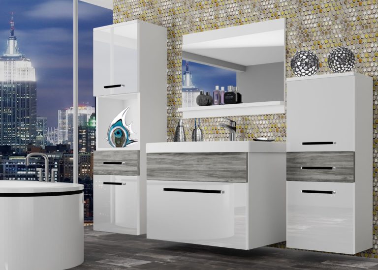 Meuble de salle de bain Belini blanc brillant / gris anthracite Glamour Wood + lavabo + miroir Fabricant ROD PM 5/0/W/WGW1/0/ZW