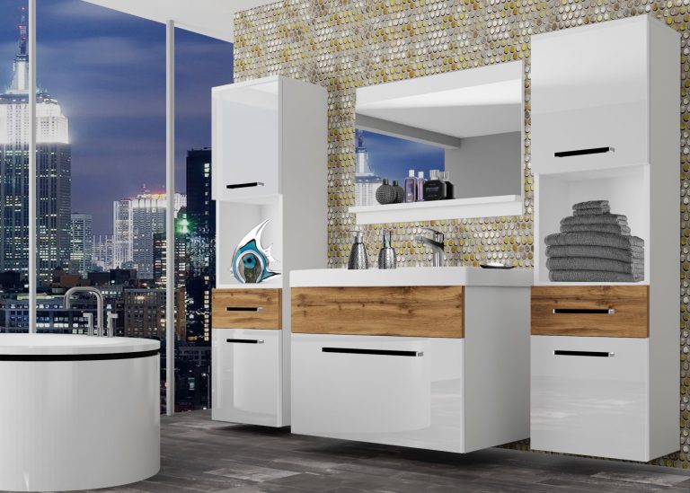 Meuble de salle de bain Belini blanc brillant / chêne wotan + lavabo + miroir Fabricant ROD PM 6/0/W/WDW/0/ZW