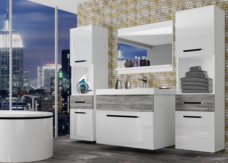 Meuble de salle de bain Belini blanc brillant / gris anthracite Glamour Wood + lavabo + miroir Fabricant ROD PM 6/0/W/WGW1/0/ZW