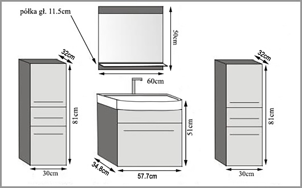 Meuble de salle de bain Belini gris mat + lavabo + miroir Fabricant ROD M 4/0/W/SR/0/ZW