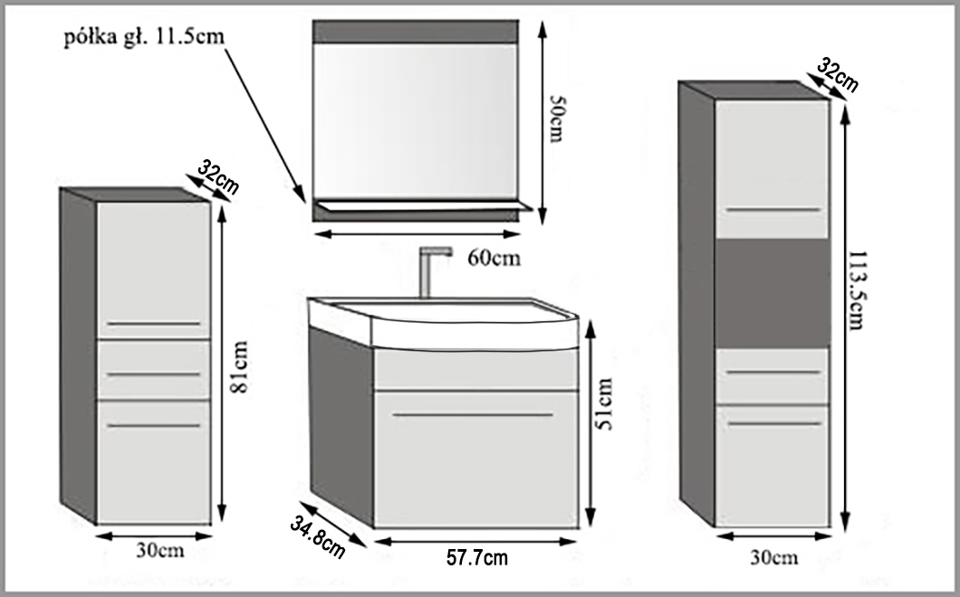 Meuble de salle de bain Belini gris mat / blanc mat + lavabo + miroir Fabricant ROD M 5/0/W/SRW/0/ZW