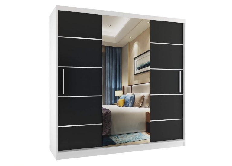 Armoire 200 cm Belini blanc mat / noir mat avec portes coulissantes miroir et tiroirs Fabricant MT SZP5/1/W/B/0/KLAL