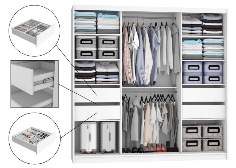 Armoire 200 cm Belini blanc mat avec portes coulissantes, miroir et tiroirs Fabricant MT SZP5/1/W/W/0/KLAL