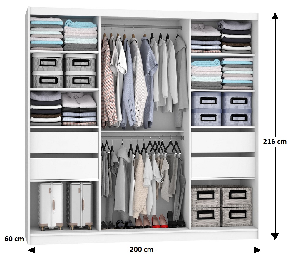 Armoire 200 cm Belini blanc mat avec portes coulissantes, miroir et tiroirs Fabricant MT SZP5/1/W/W/0/KLAL
