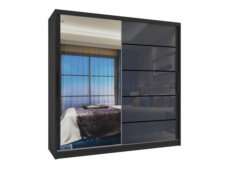 Armoire 200 cm Belini noir mat / gris brillant avec portes coulissantes miroir et tiroirs Fabricant MGB SZP5/1/B/1L5S/KLP
