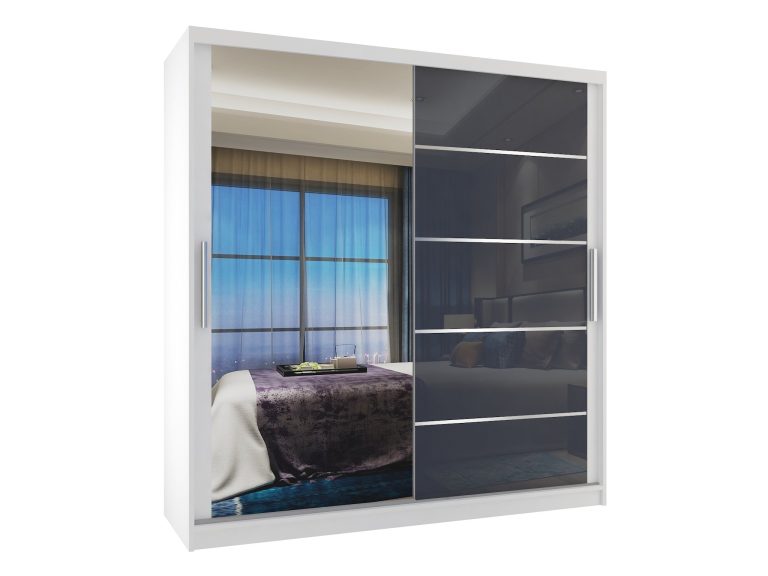 Armoire 158 cm Belini blanc mat / gris brillant avec portes coulissantes miroir et tiroirs Fabricant MGB SZP7/0/W/1L5S/KLAL