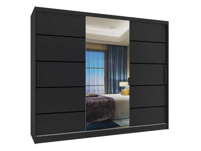 Armoire 235 cm Belini noir mat avec portes coulissantes, miroir et tiroirs Fabricant MBP SZP8/0/1B/2B1L/0/KLP/