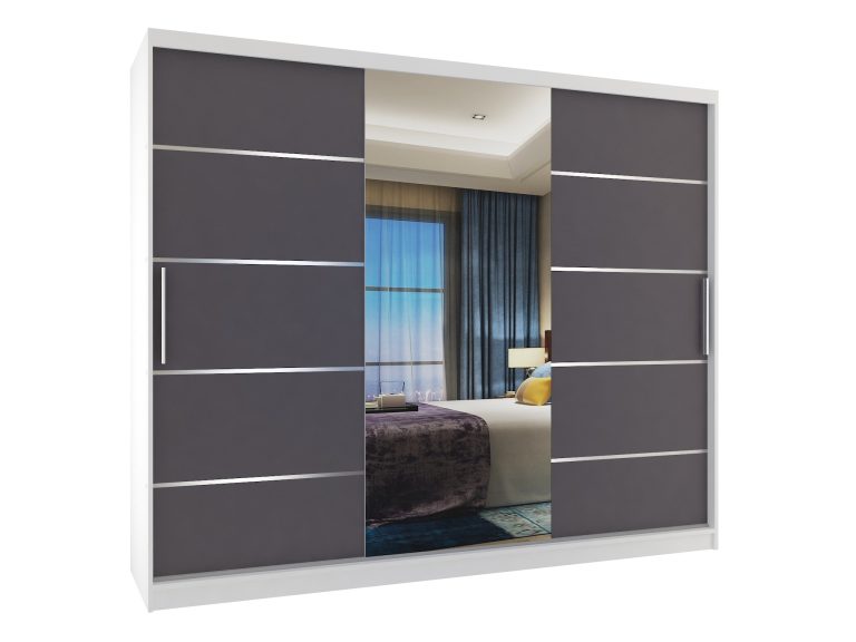 Armoire 235 cm Belini blanc mat / gris mat avec portes coulissantes miroir et tiroirs Fabricant MBP SZP8/0/1W/2SR1L/0/KLAL