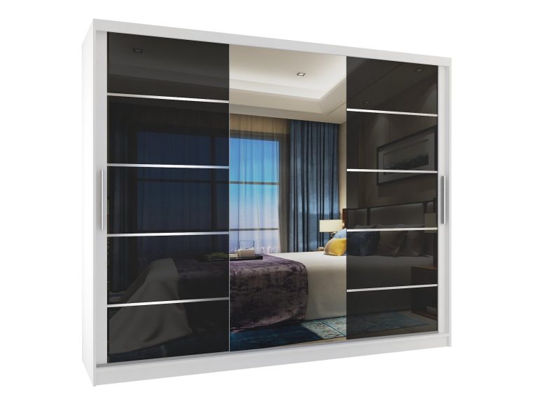 Armoire 235 cm Belini blanc mat / noir brillant avec portes coulissantes miroir et tiroirs Fabricant MGB SZP8/0/W/2B1L/KLAL
