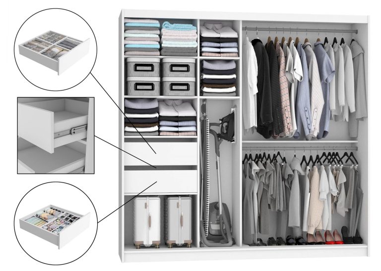 Armoire 200 cm Belini blanc mat avec portes coulissantes, miroir et tiroirs Fabricant MBP SZP5/1/W/W/0/KLAL