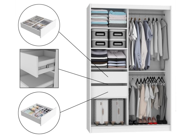 Armoire 133 cm Belini blanc mat / noir mat avec portes coulissantes miroir et tiroirs Fabricant MBP SZP6/1/W/B/0/KLAL