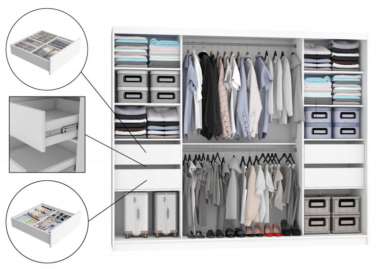 Armoire 235 cm Belini blanc mat avec portes coulissantes, miroir et tiroirs Fabricant MBP SZP8/0/1W/2W1L/0/KLAL