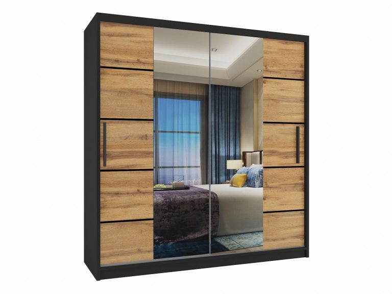 Armoire 158 cm Belini noir mat / chêne wotan avec portes coulissantes, miroir et tiroirs Fabricant ME SZP7/0/B/DW/0/KLP/