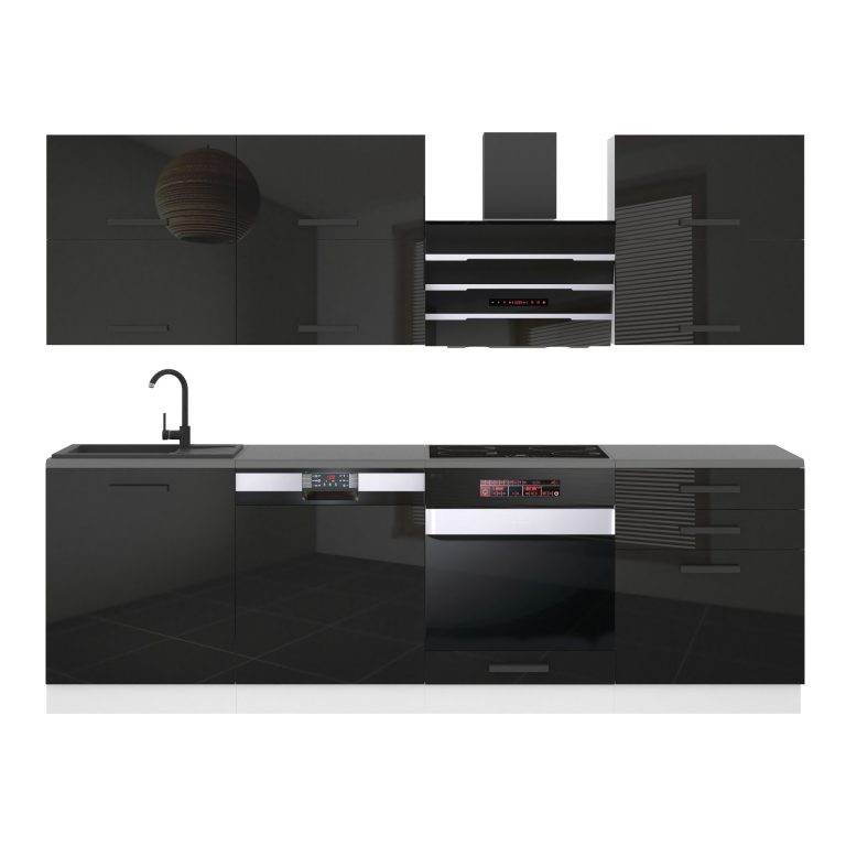 Meubles de cuisine Premium Version Complète 240 cm brillance noir avec plan de travail Fabricant INF MADISON/0/WT/B/B/B1
