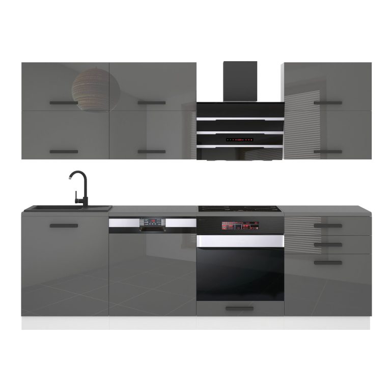 Meubles de cuisine Premium Version Complète 240 cm brillance gris avec plan de travail Fabricant INF MADISON/0/WT/S/B/B1