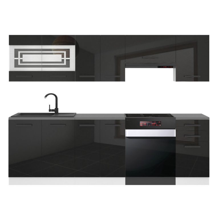 Meubles de cuisine Premium Version Complète 240 cm brillance noir avec plan de travail Fabricant INF LILY/0/WT/B/B/B1