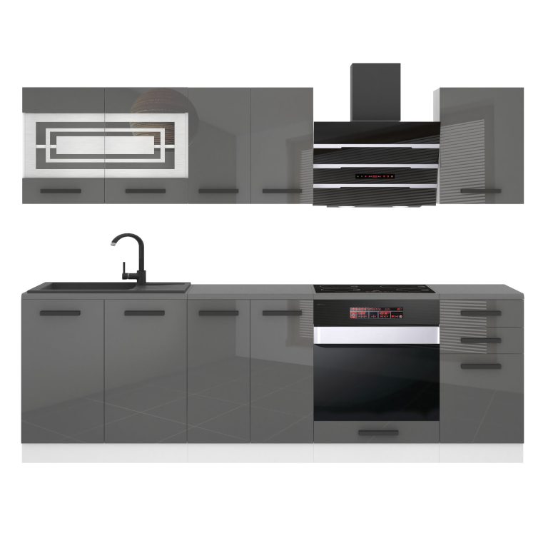 Meubles de cuisine Premium Version Complète 240 cm brillance gris avec plan de travail Fabricant INF MARGARET/0/WT/S/B/B1