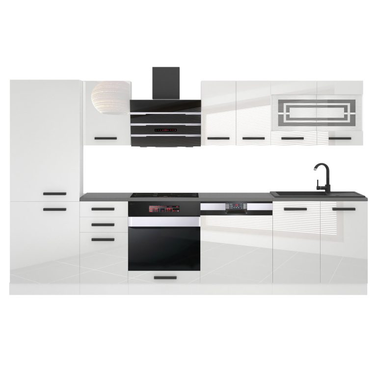 Meubles de cuisine Premium Version Complète 300 cm brillance blanc avec plan de travail Fabricant INF CINDY/0/WT/W/B/B1
