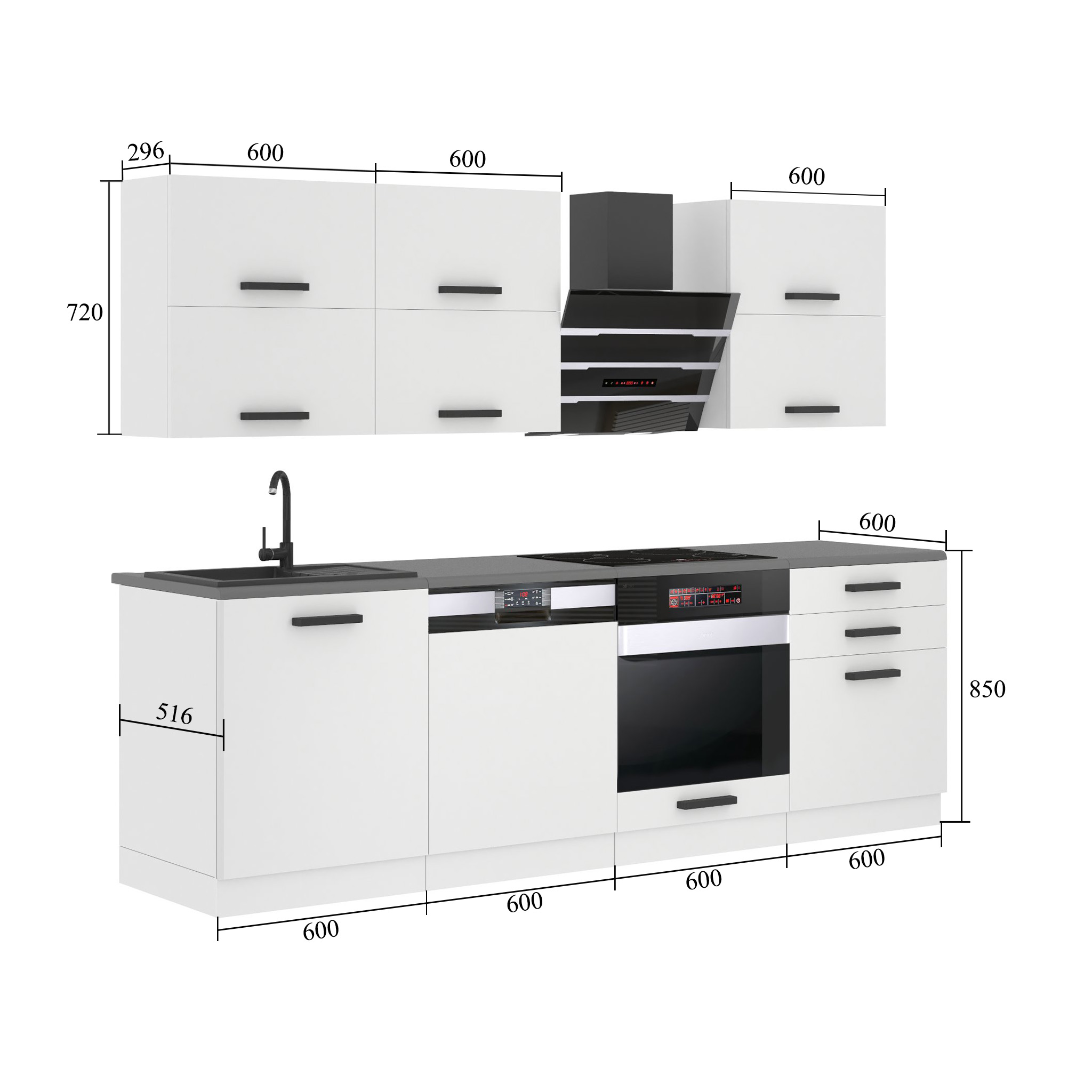 Meubles de cuisine Premium Version Complète 240 cm brillance gris avec plan de travail Fabricant INF MADISON/0/WT/S/B/B1