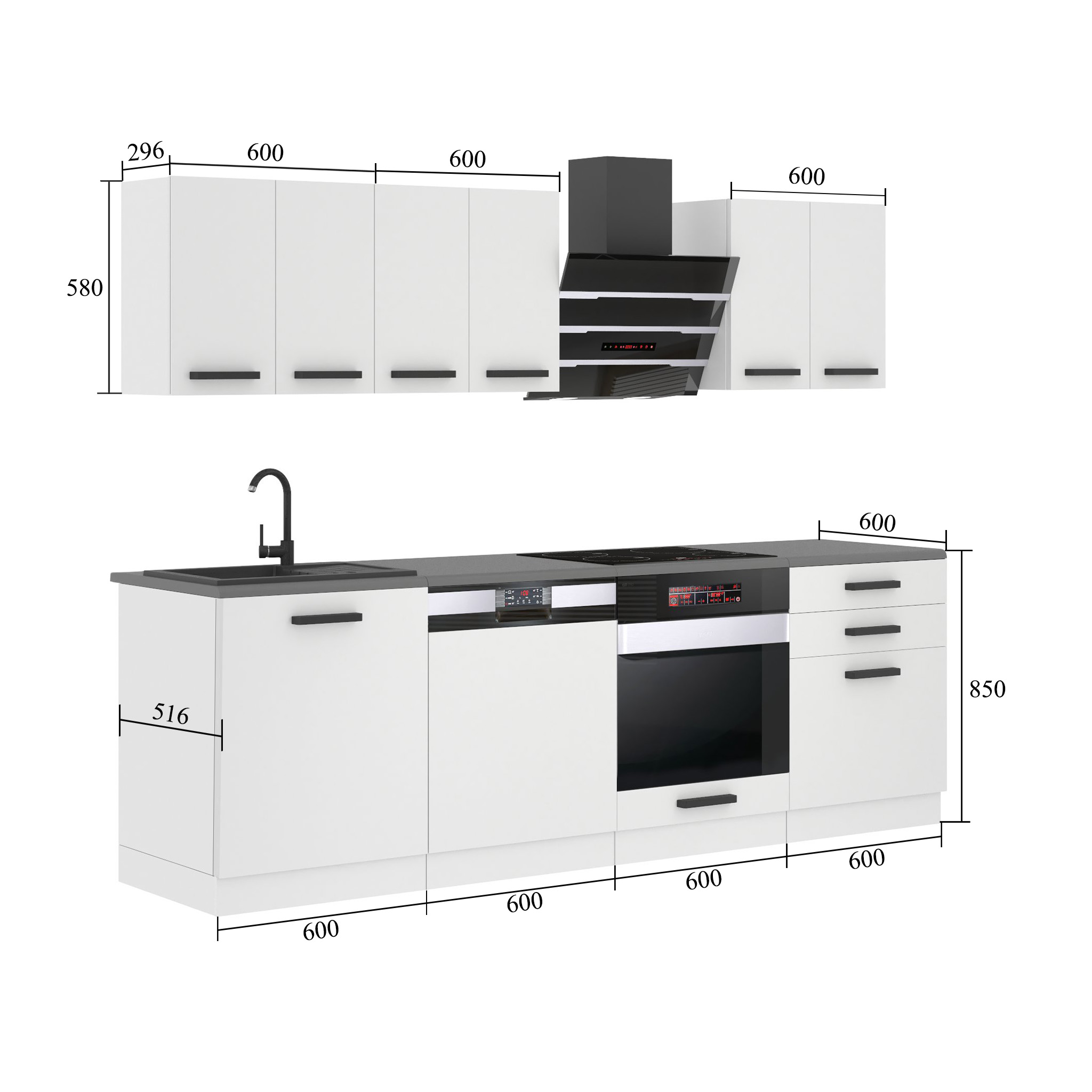 Meubles de cuisine Premium Version Complète 240 cm brillance blanc avec plan de travail Fabricant INF SUSAN/0/WT/W/B/B1