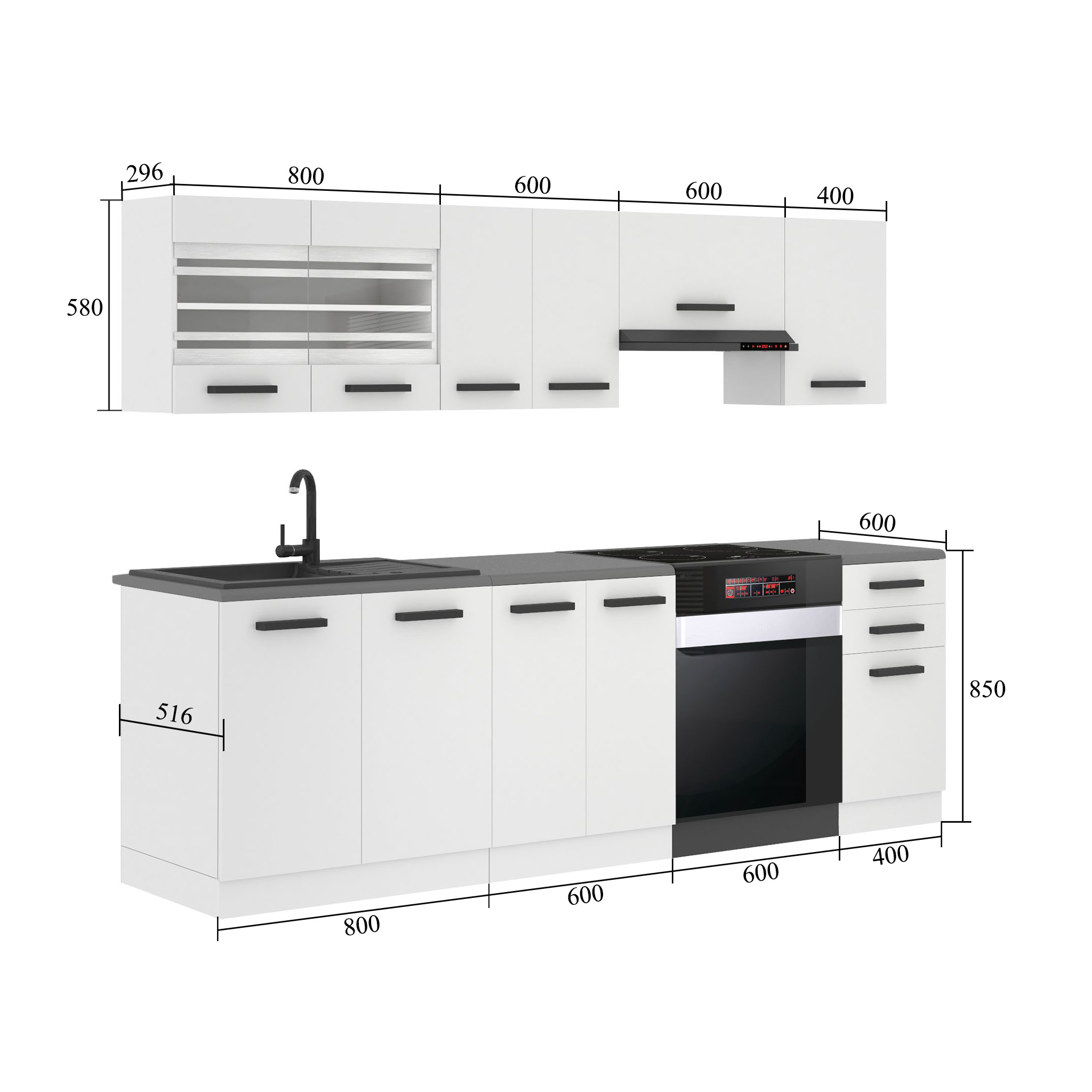 Meubles de cuisine Premium Version Complète 240 cm brillance noir sans plan de travail Fabricant INF LILY/0/WT/B/0/B1
