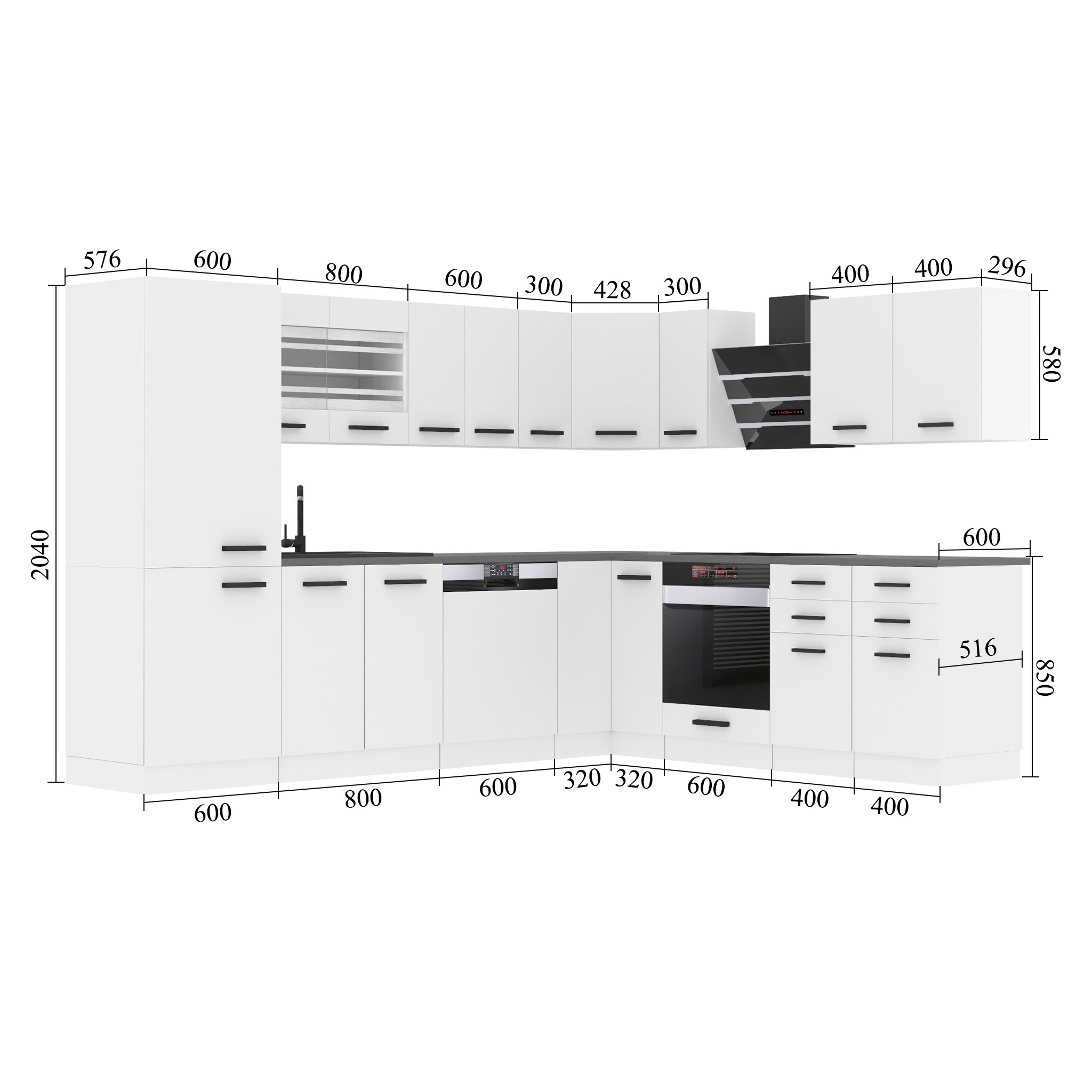 Meubles de cuisine Premium Version Complète 520 cm brillance blanc sans plan de travail Fabricant INF JULIE/0/WT/W/0/B1
