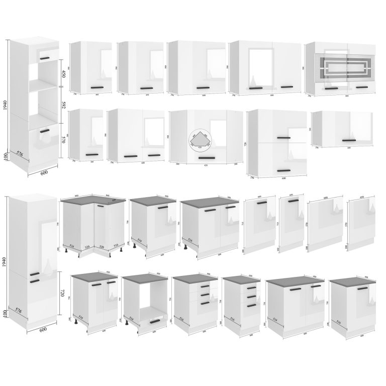 Meubles de cuisine Premium Version Complète 300 cm brillance blanc avec plan de travail Fabricant INF MILA/0/WT/W/B/B1